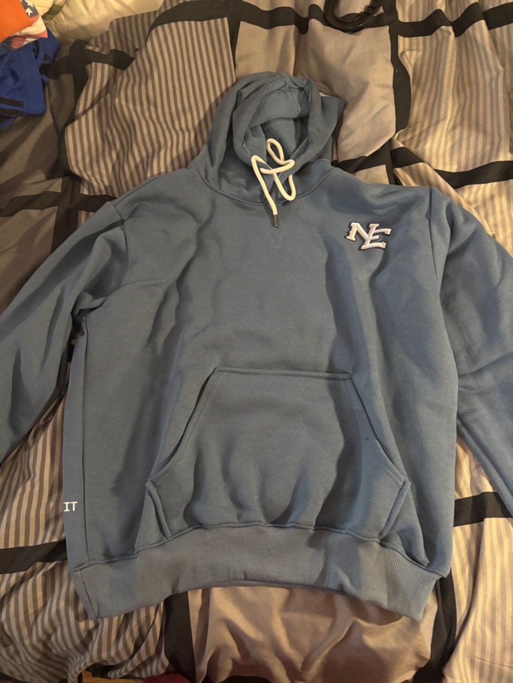NE Embroidered Pullover Hoodie - Dusty Blue